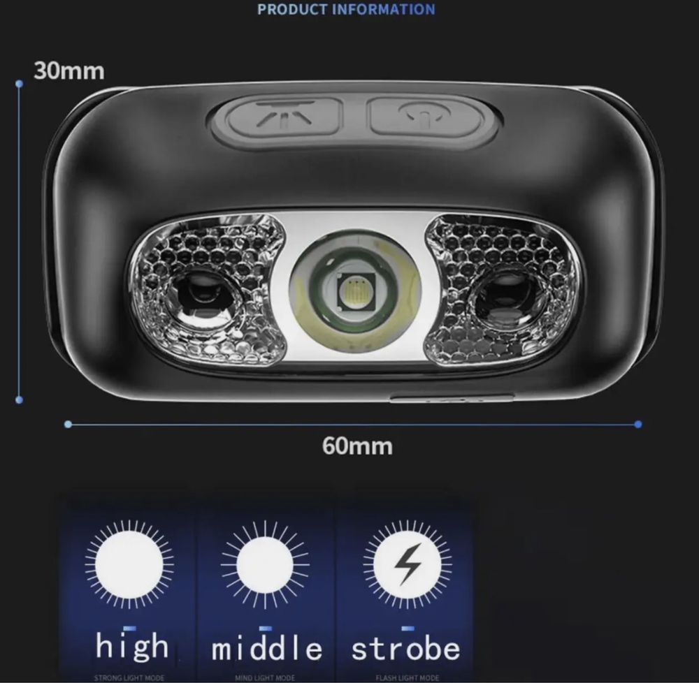 Фонарь налобный   LED  аккумуляторный с  сенсором 4-5 часа роб. IP4