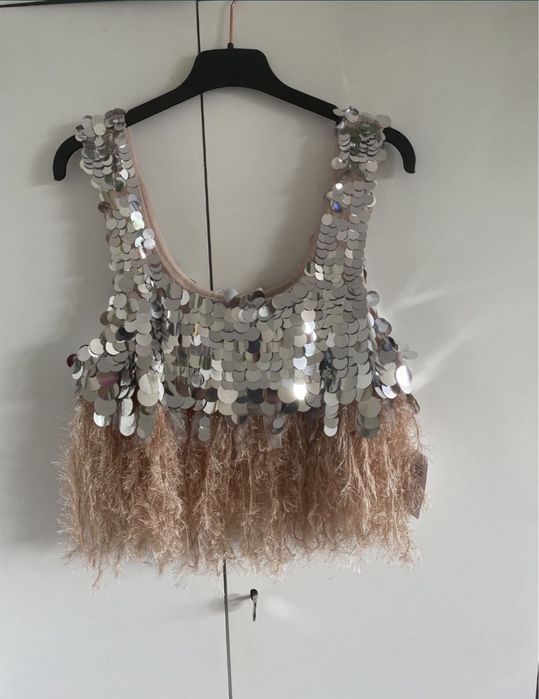 Asos luxe srebrny cekinowy Top bluzka pióra frędzle 46 3 xl