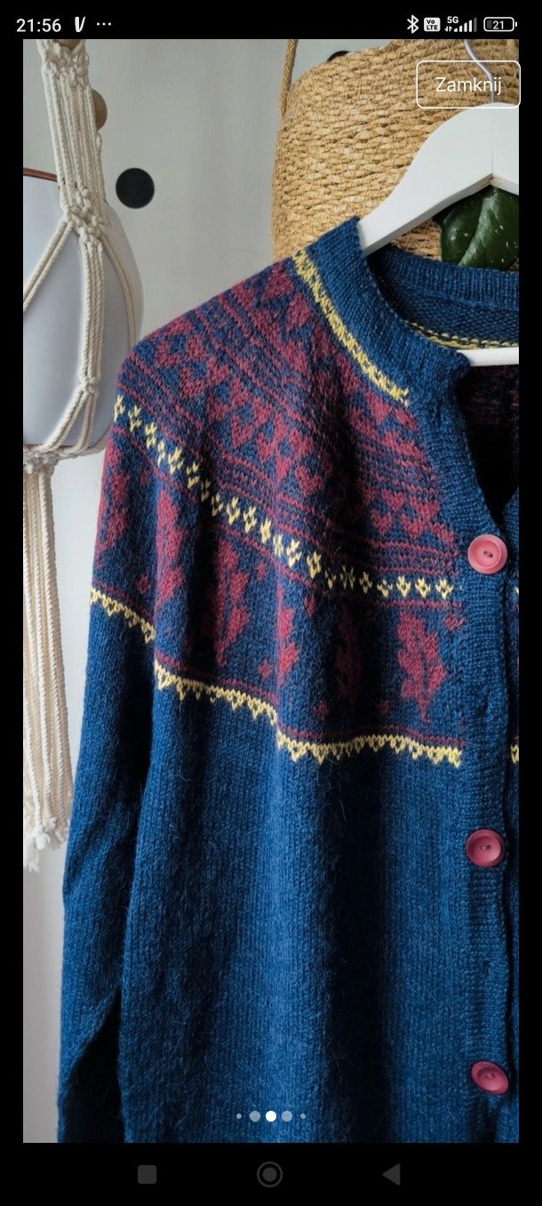 Xl/xxl ręcznie robiony wełniany granatowy sweterek norweski wzór kardi