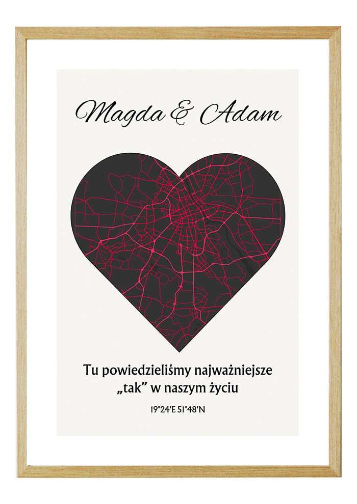 Wyjątkowy Plakat z Mapą "Dzień Waszego Ślubu" 50x70 w ramie