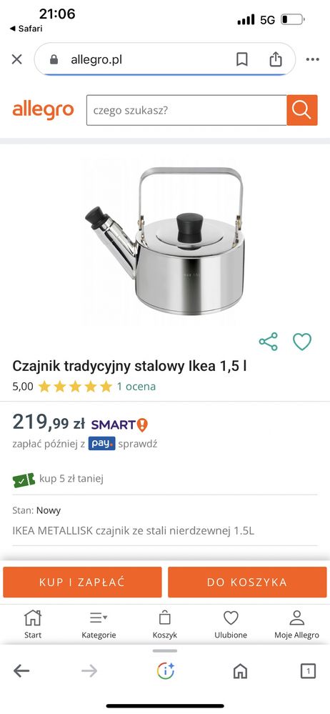 Ikea Metallisk czajnik stal nierdzewna chrom 1,5L gazowy indukcja