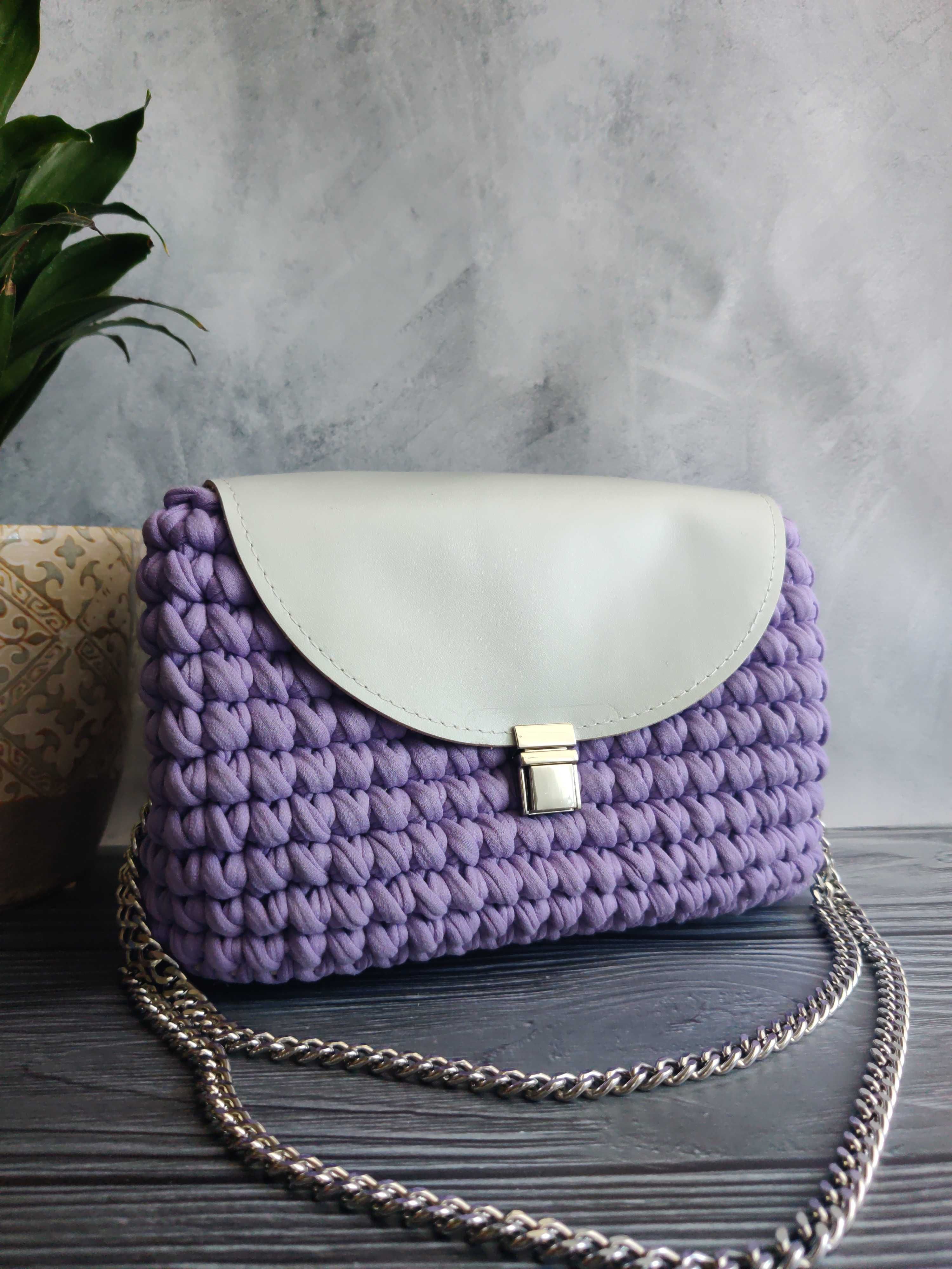 Сумка ручної роботи з пряжі та натуральної шкіри Violet cozy