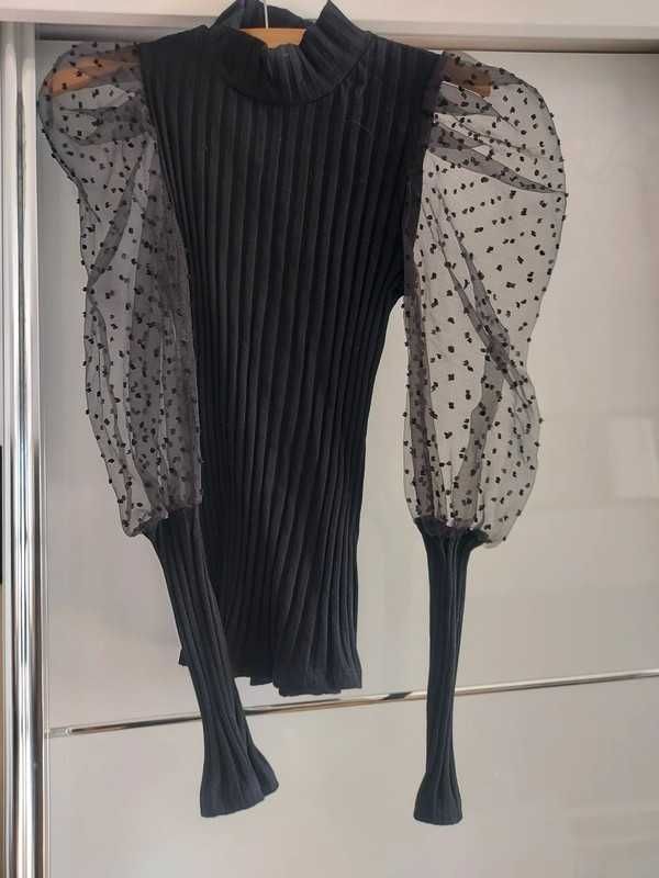 bluzka czarna golf prążek tiulowe rękawy elegancka
