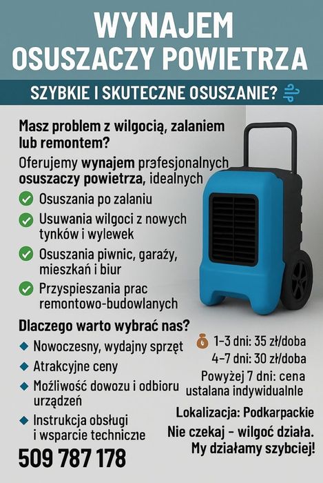 Wynajem Pochłaniacze Wilgoci/budowa/remont/osuszanie