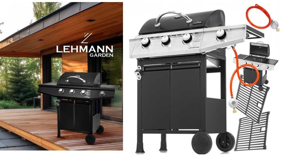 Grill gazowy ogrodowy żeliwny Lehmann Texas ruszt 3+1 czarny, srebrny