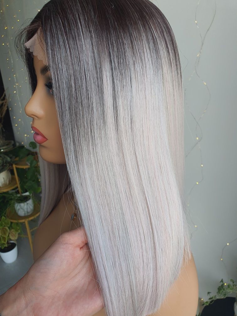 Peruka ombre szara różowa mix 3D long bob naturlna fryzura