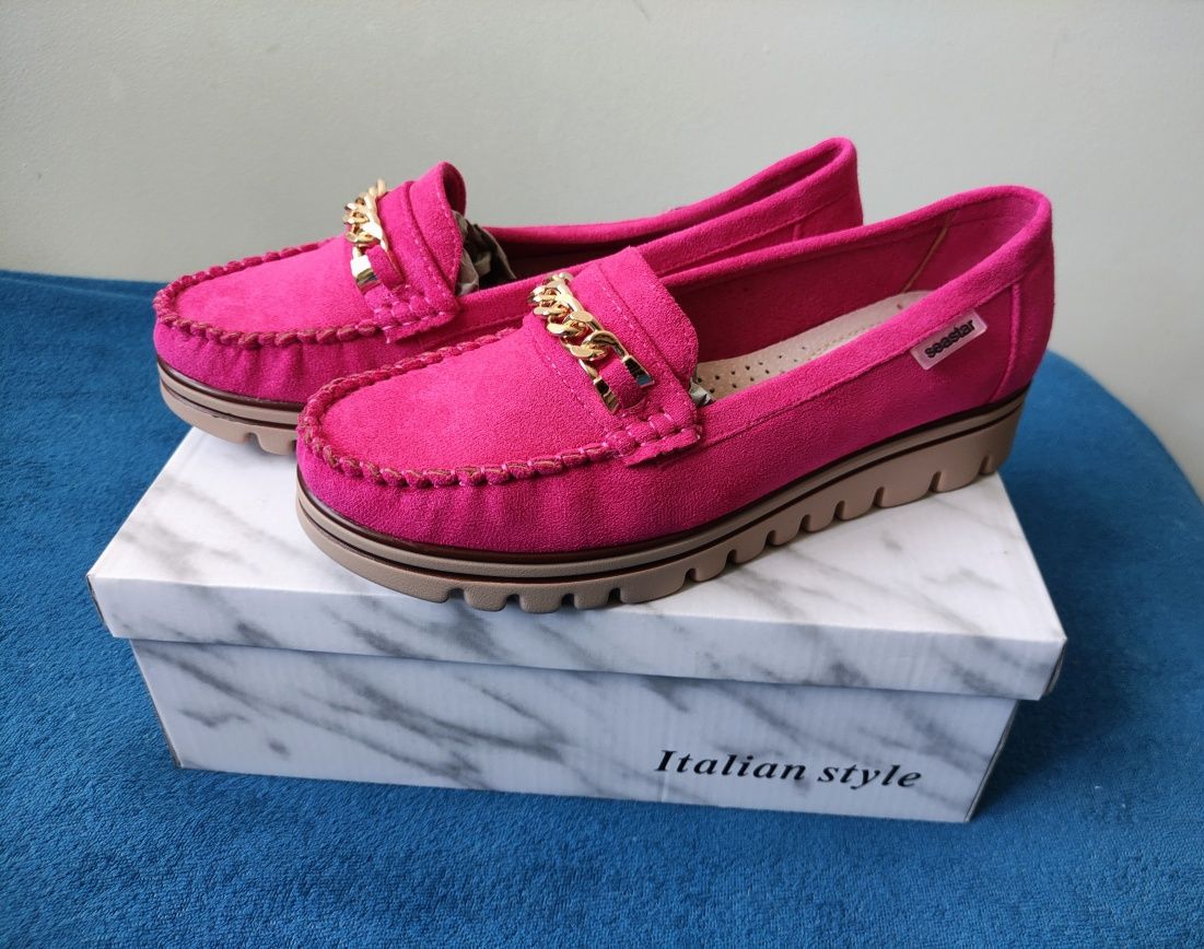 Mokasyny Loafersy 39 fuksja ekoskóra ekozamsz