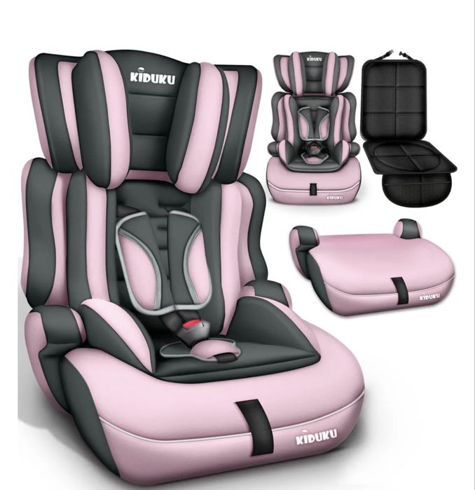 Fotelik samochodowy KIDUKU 9-36 kg, nowy, regulowany, szaro rozowy