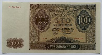 Banknot Polska - 100 złotych - 1941 rok. Ser. D ( z paczki bankowej)