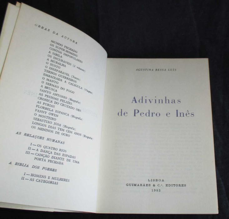 Livro As Adivinhas de Pedro e Inês Agustina Bessa Luís 1ª edição