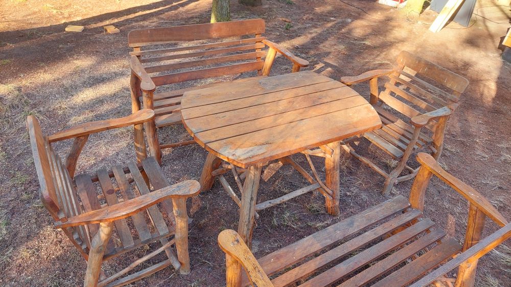 Zestaw tarasowy ogrodowy dębowy stół ławy - sofy fotele