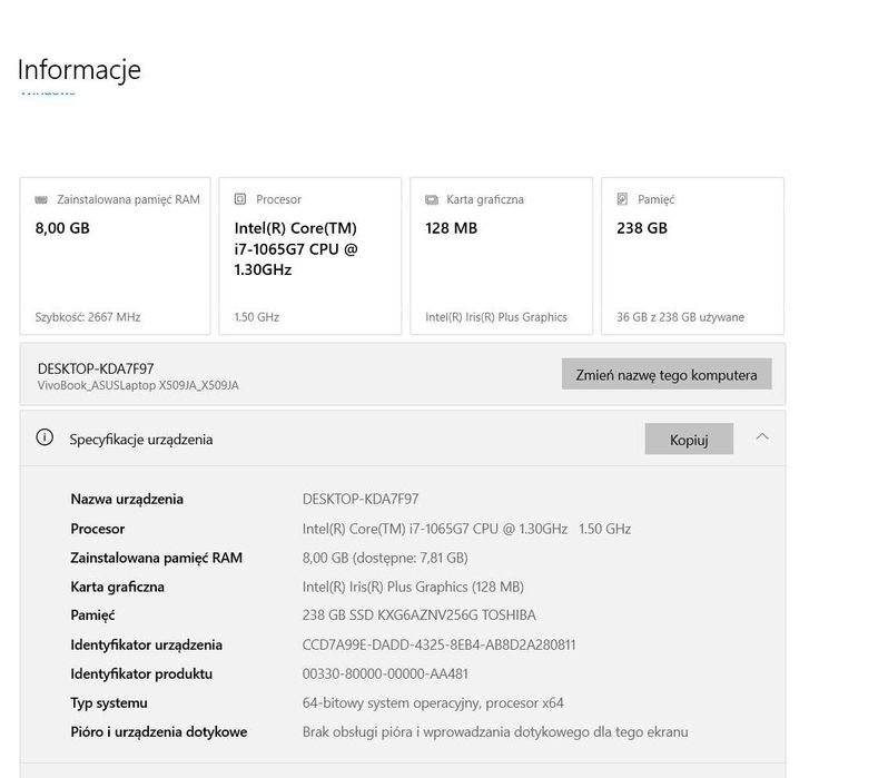 Laptop Acer X509JA – i7 10gen | 8Gb DDR4 | 256GB NVMe | Win 10