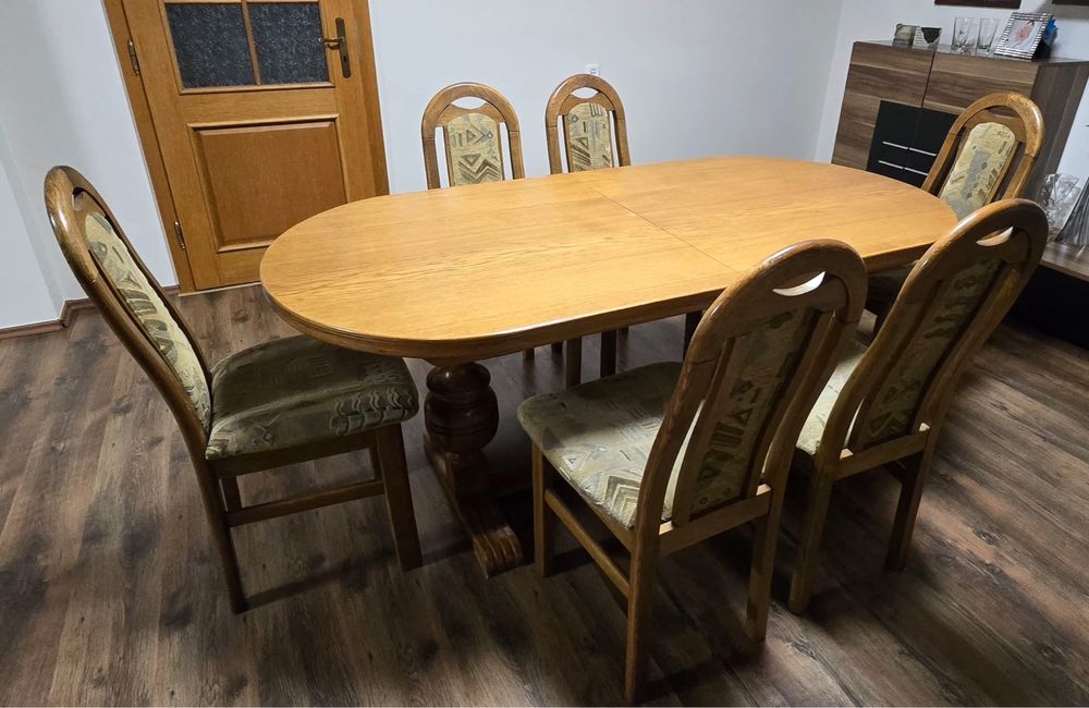 Elegancki komplet: stół dębowy rozkładany 183/248cm/91cm + 6 krzeseł
