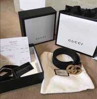Pasek Gucci czarny zlota klamra GG 3.4 cm skóra naturalna