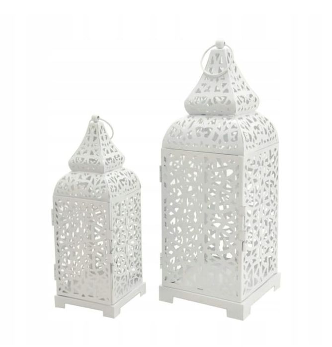 2 szt Etniczne Lampiony Metalowy Bialy Swiece