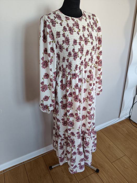 Długa letnia sukienka w kwiaty z długim rękawem xl XXL