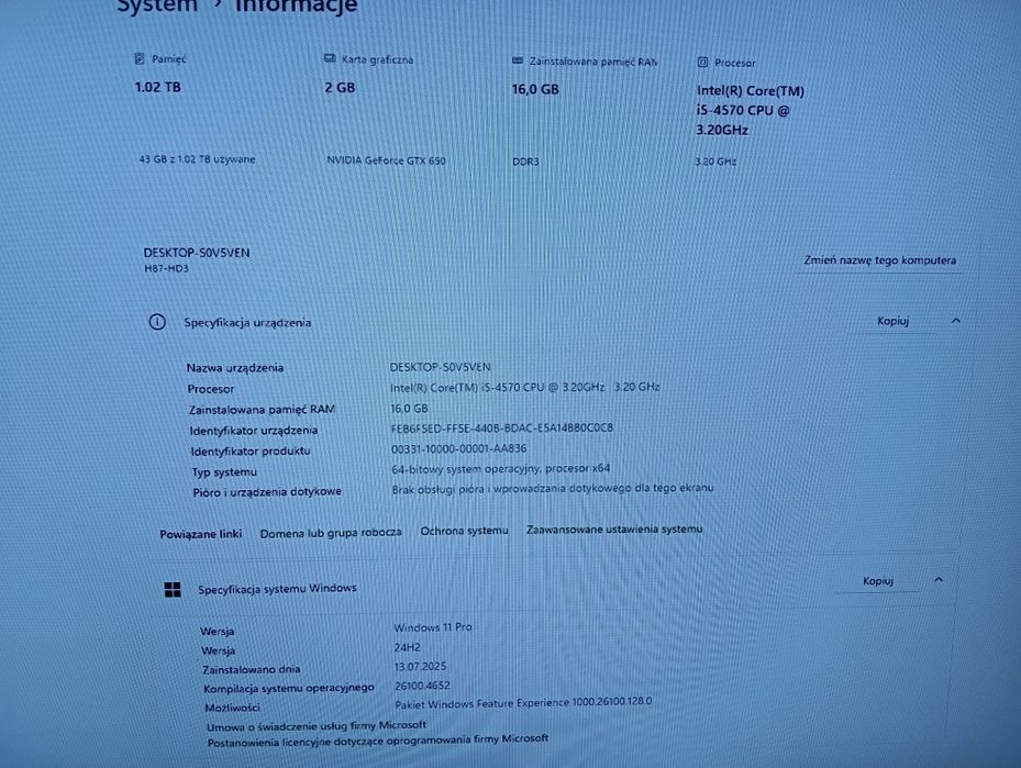 Komputer i5, 16GB Ram, GeForce GTX 650, SSD+HDD 1TB Win11