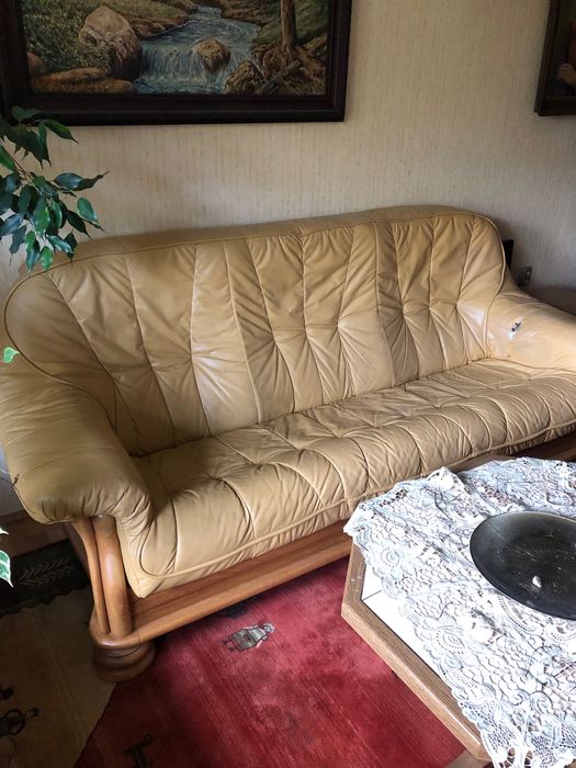 Sofa 3 osobowa, skóra, stelaż dąb -rattan