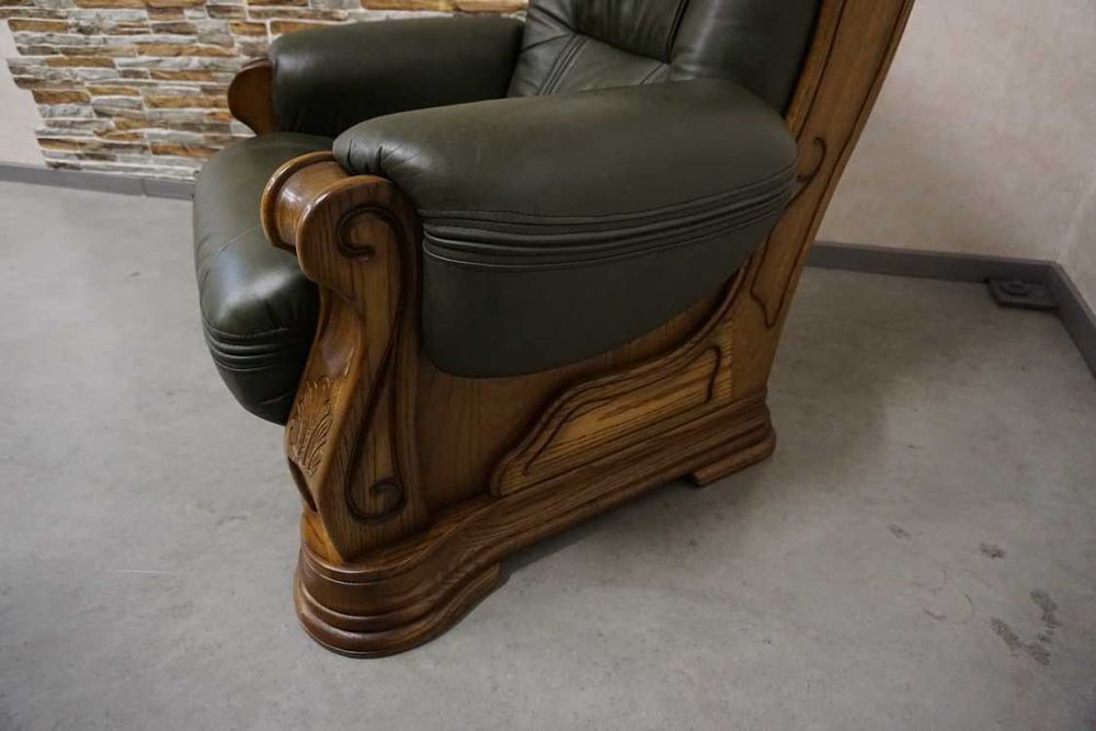 Fotel na Stelażu Dębowym Skóra Naturalna Piękna Zieleń (w-1117)