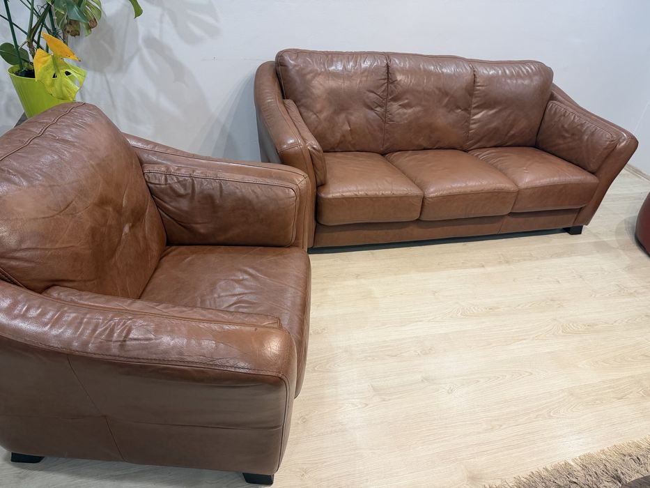 Sofa skórzana + fotel – brązowe – stan dobry