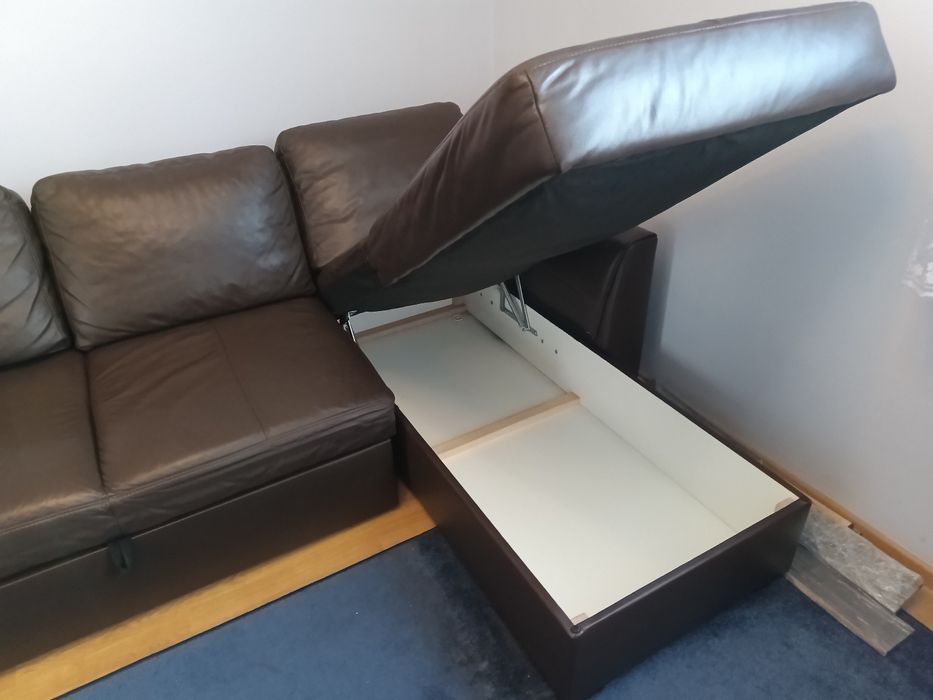 Łóżko Narożnik skórzany z funkcją spania Pojemnik na pościel