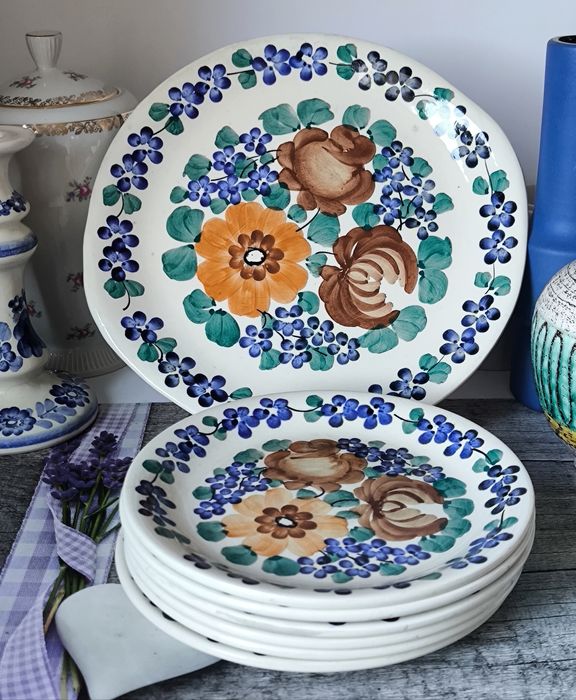 Garnitur deserowy Patera talerze 6 sztuk piękny stary fajans Włocławek