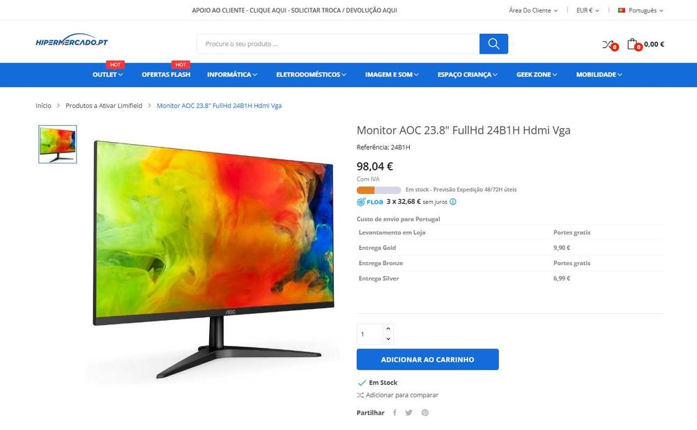 Monitor AOC 23.8" FullHd 24B1H Hdmi Vga - Usado