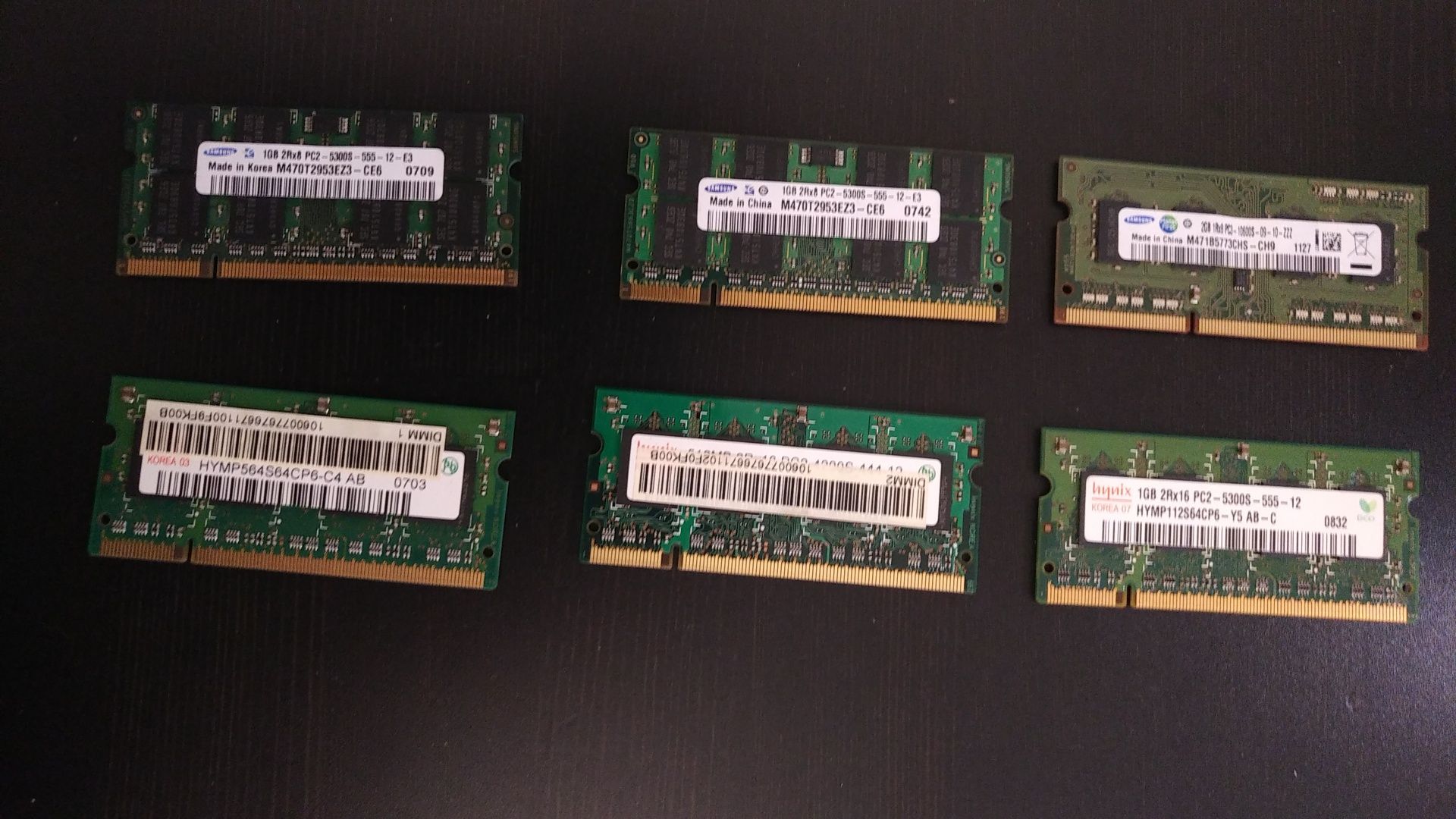 6 kości pamięci RAM DDR2 i DDR3 do laptopów marek Samsung oraz Hynix