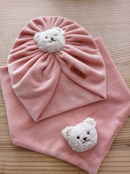 Turban i chusta dla dziewczynki, z misiem, welur