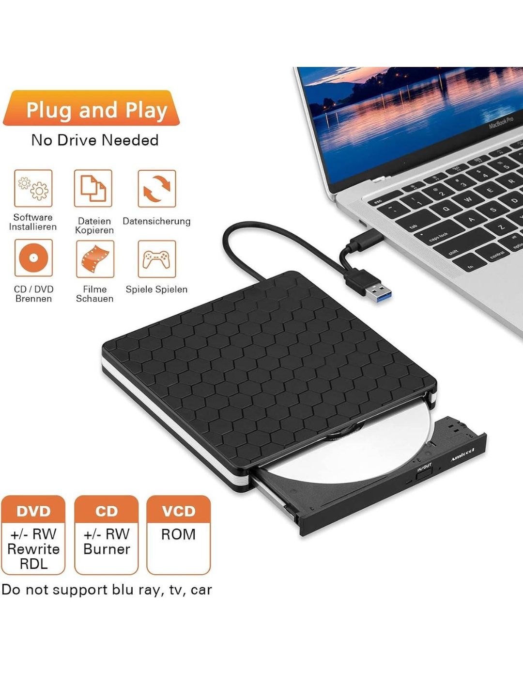 AMICOOL BT686 Зовнішній DVD-привід ODD HDD, портативний USB 3.0 Type-C