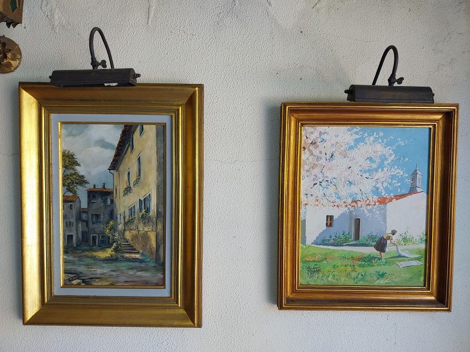 Quadro antigo talha dourada com candeeiro