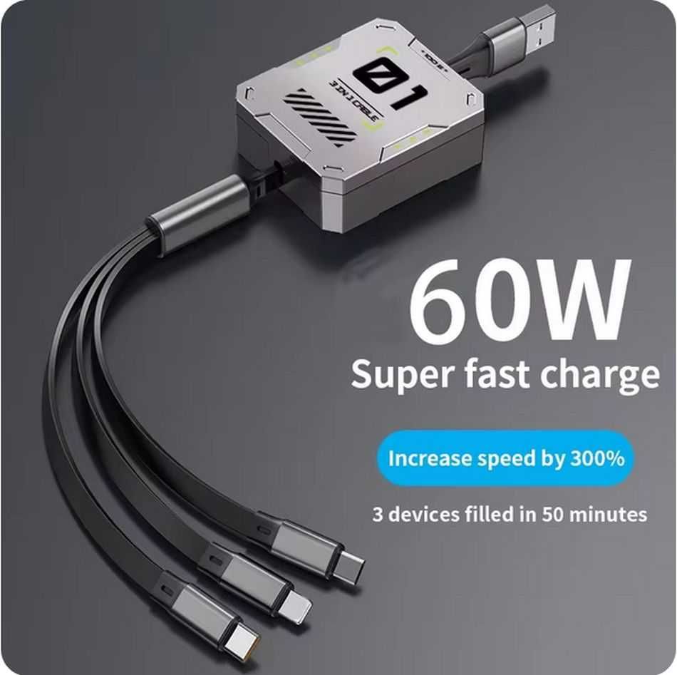 Kabel 3w1 zwijany microUSB, USB C, lightning 1,2 metra kwadrat
