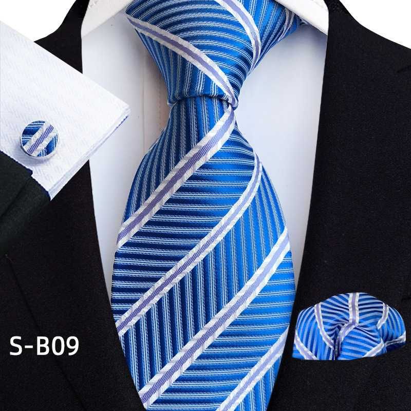 Zestaw męski krawat poszetka i spinki - komplet niebiesko biały