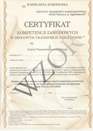 Użyczę certyfikat kompetencji zawodowych w transporcie rzeczy