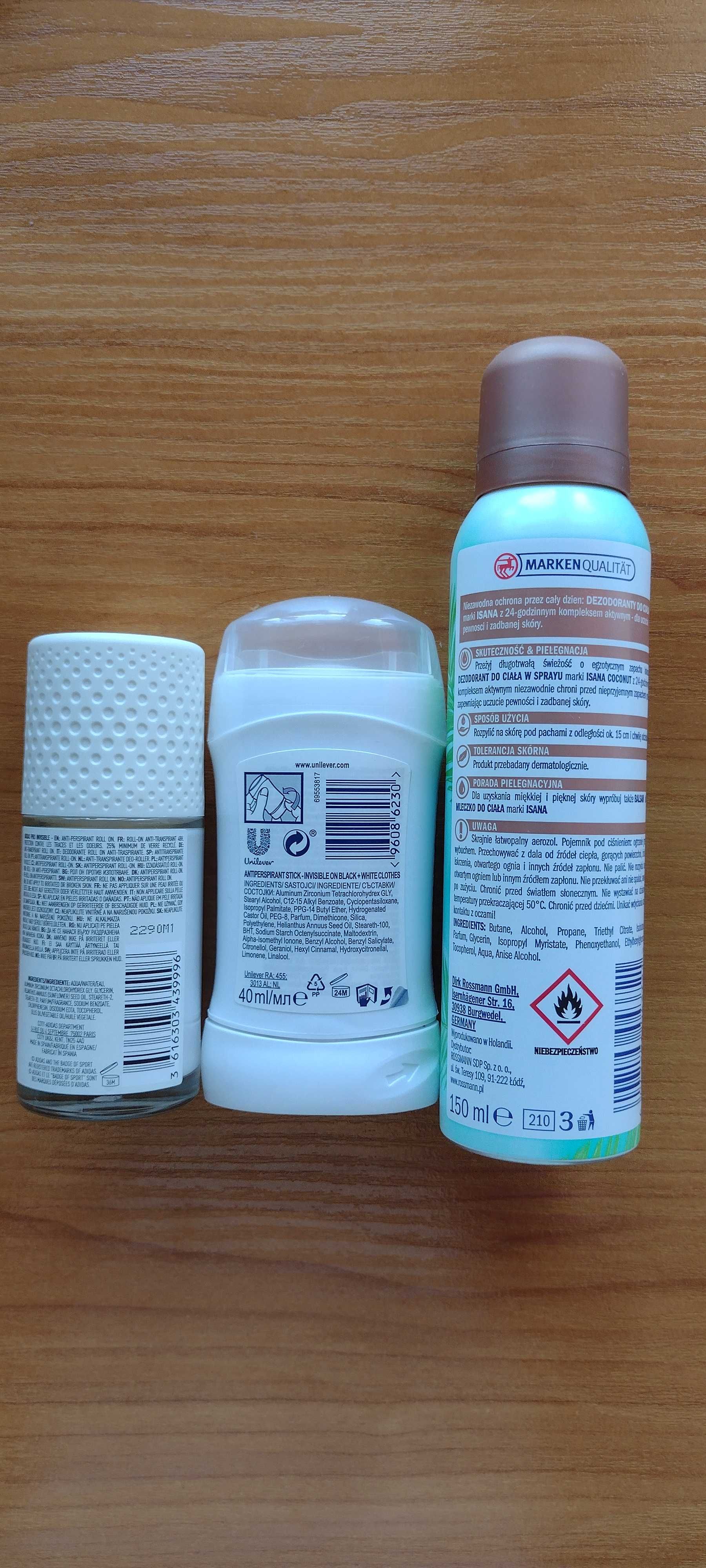 Antyperspiranty Adidas i Rexona + dezodorant Isana