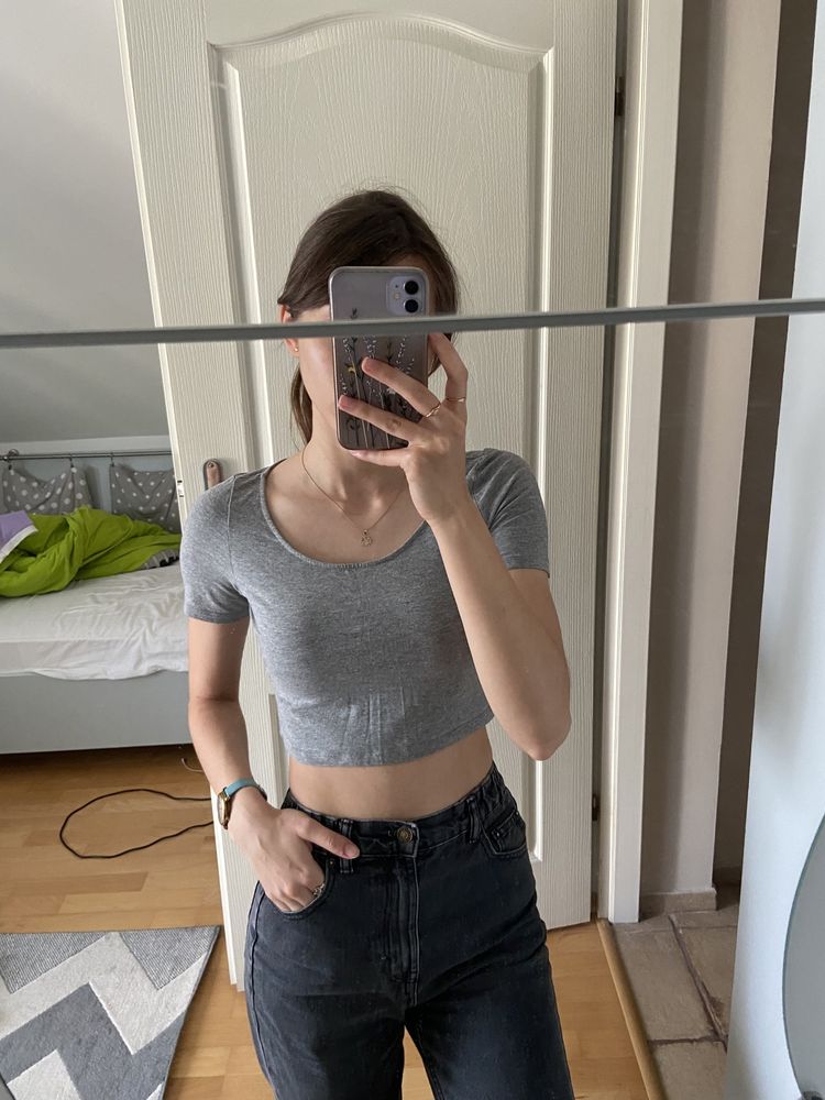 Crop top koszulka na krótki rękaw bluzka tshirt basic szary H&M