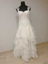 Suknia ślubna błyszcząca biała, falbany, koraliki rozmiar XS / S / 34