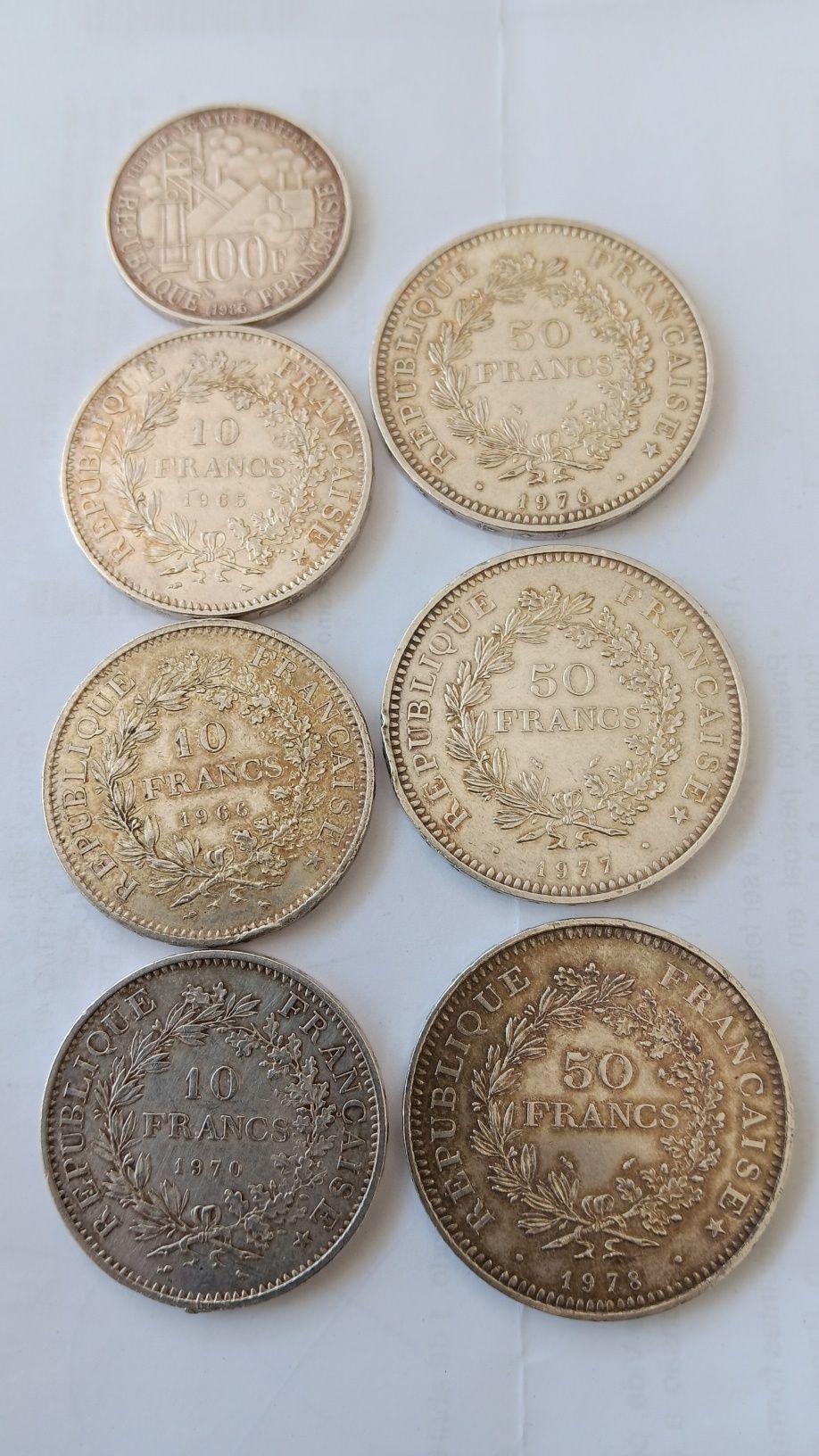 7 moedas de 10,50 e 100 francos franceses, prata