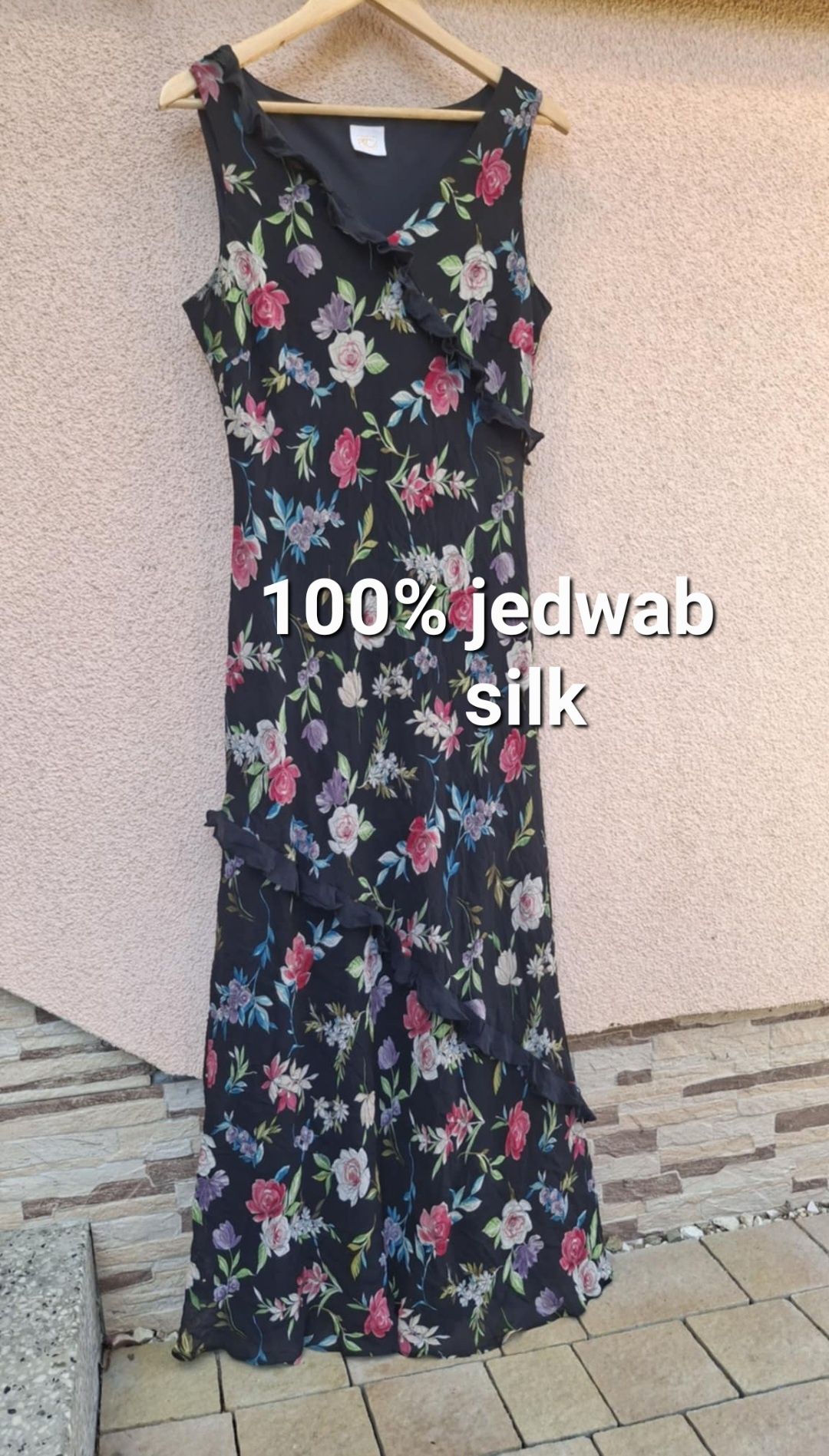 sukienka jedwabna 100% jedwab silk kwiaty długa country casuals xxl 44