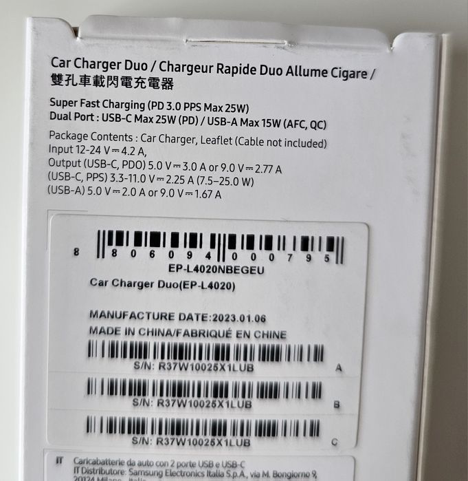 Szybka ładowarka samochodowa SAMSUNG 25W/15W usb c