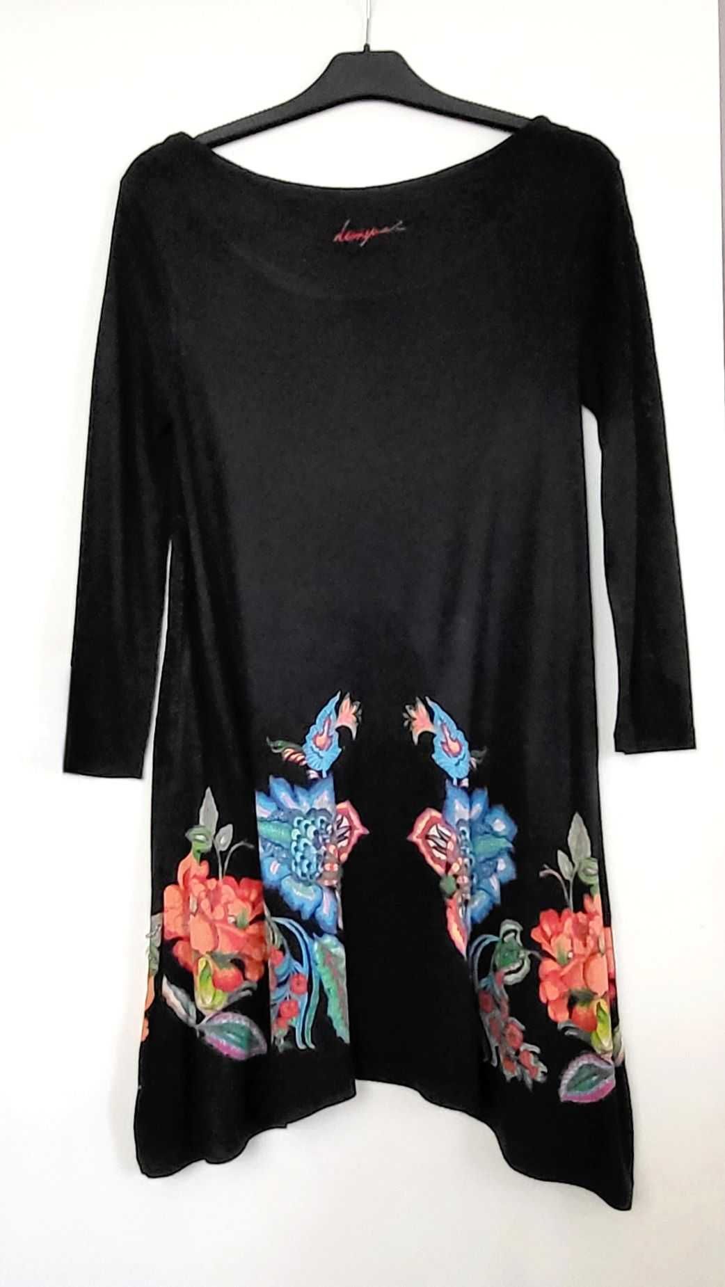 DESIGUAL piękna czarna bluzka tunika w kolorowe kwiaty rozmiar 36