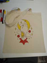 Bawełniana torba na zakupy ręcznie malowana Handmade ręka księżyc