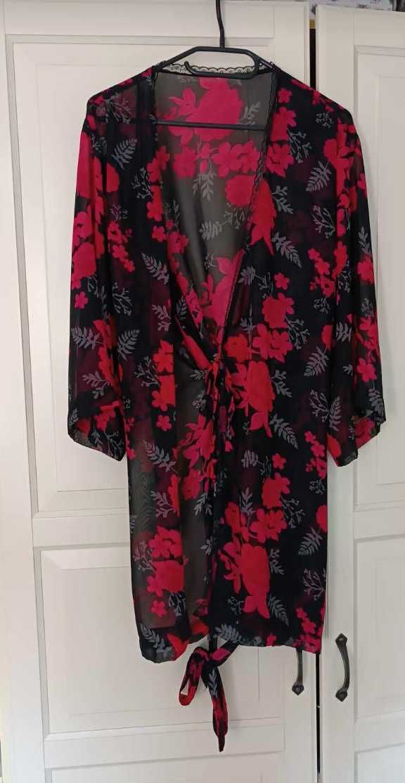 Szlafrok kimono narzutka nocna S M L czarny z paskiem