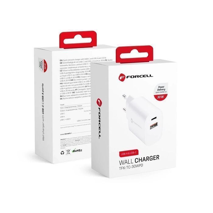 Ładowarka sieciowa FORCELL F-ENERGY Typ C + USB A PD QC4.0 3A 30W