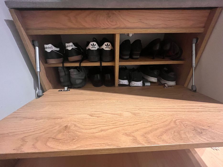 Meble przedpokój -wieszak z półką, skrzynia na buty, siedzisko, panel