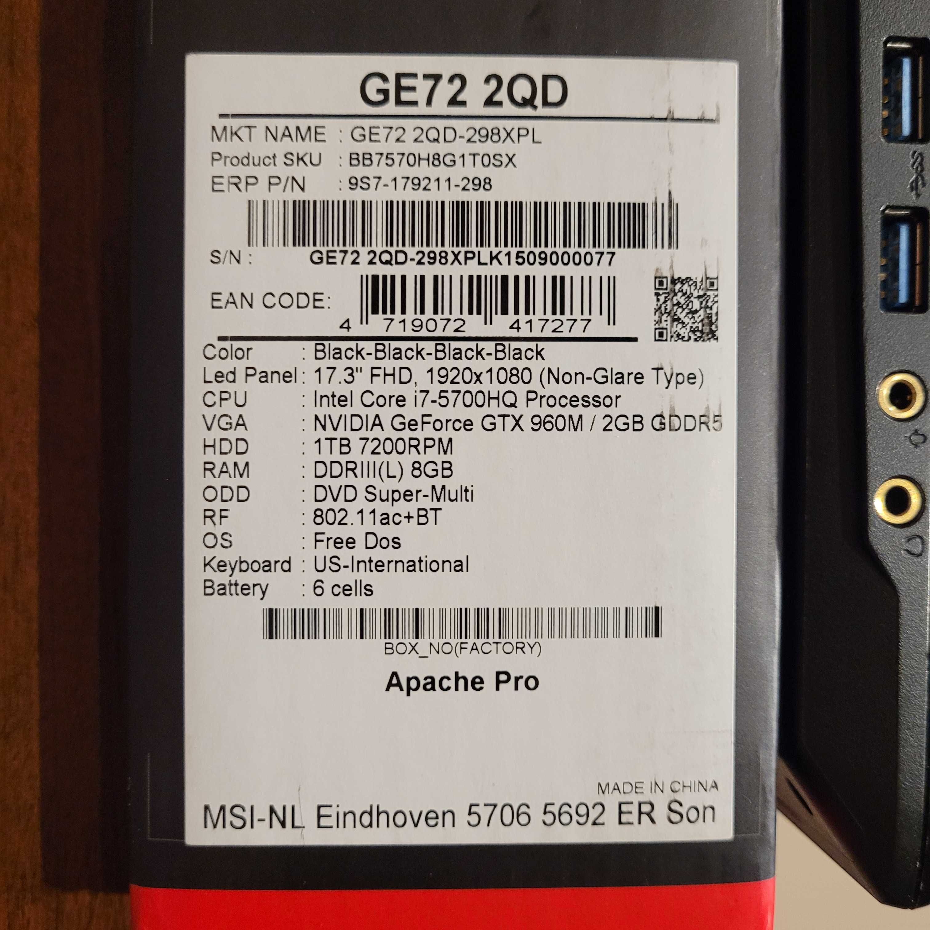 STAN B. DOBRY Laptop gamingowy MSI GE72 2QD Apache Pro