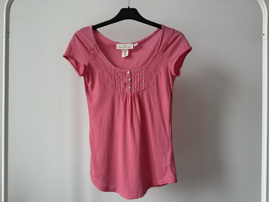 Różowa bluzka z ozdobnym dekoltem H&M bordura mini żabot rozmiar XS