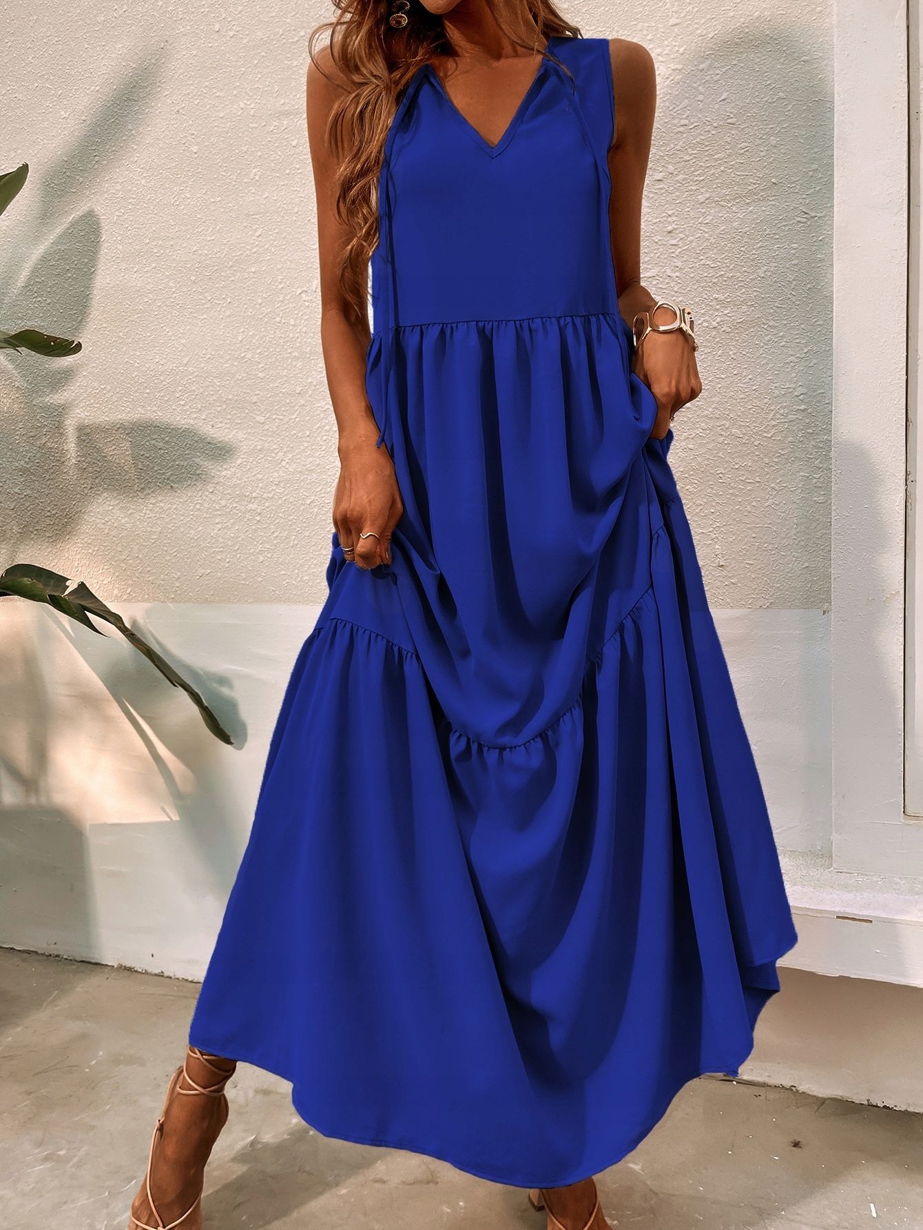 Sukienka Maxi Marsczona Długa Trapezowa Niebieska Shein L 40