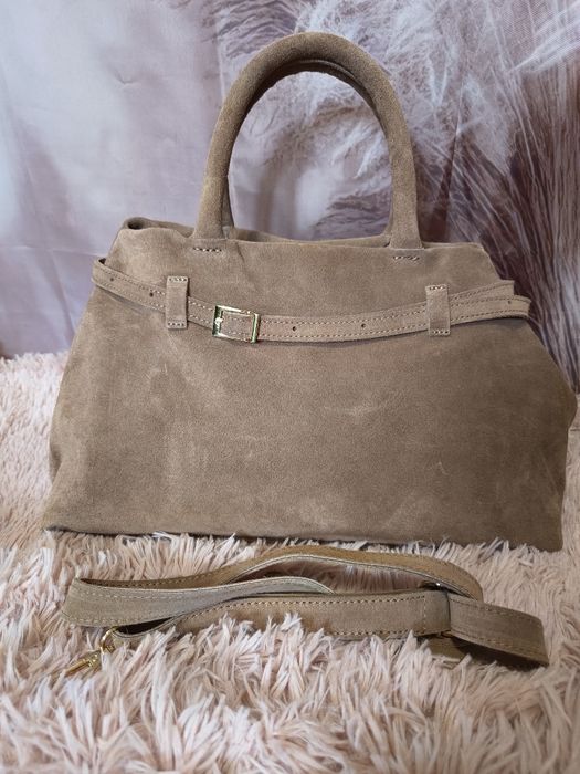 Torebka duża fango skóra zamszowa Włoska