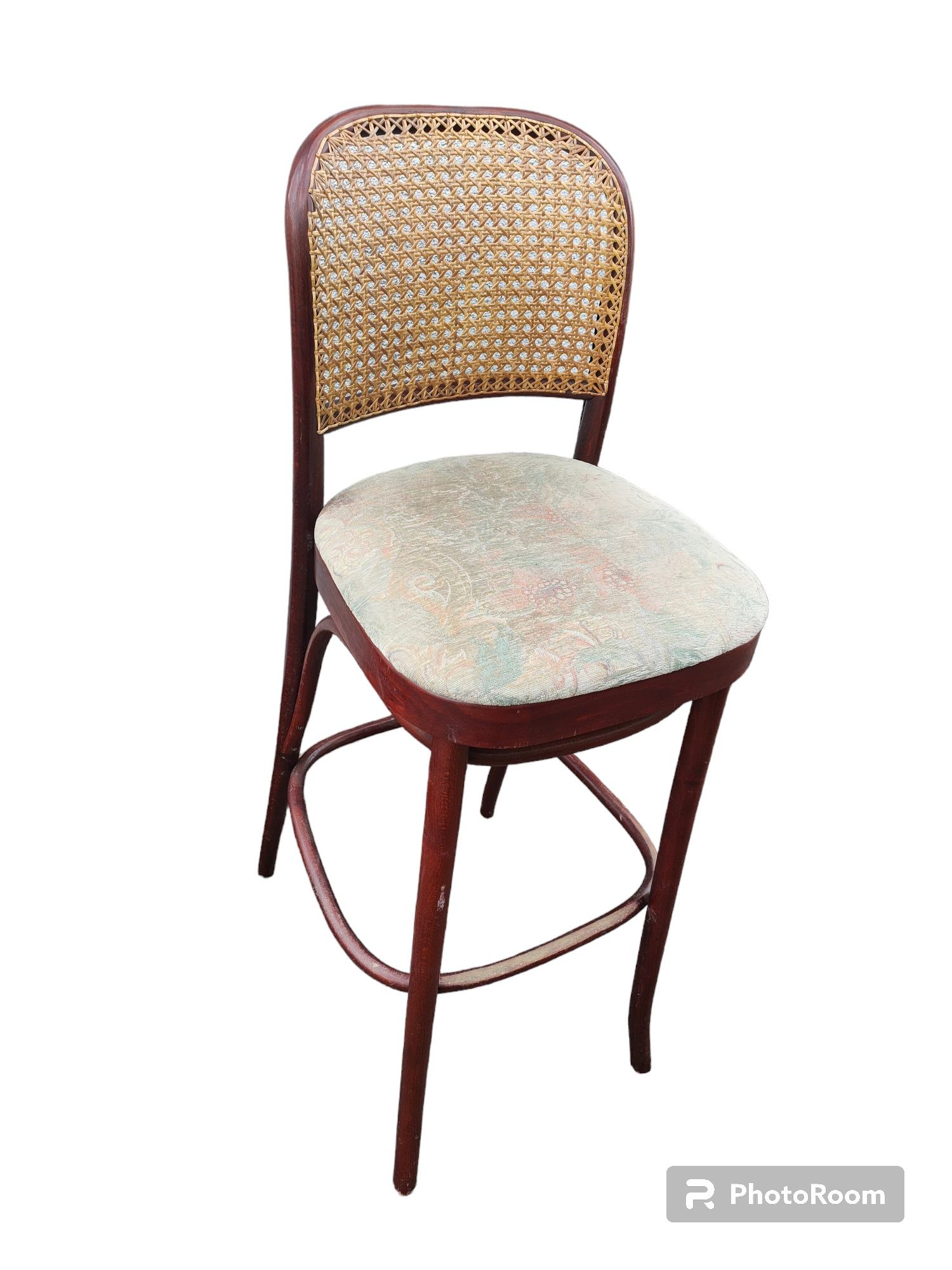 Krzesło hoker z rafią prl/ krzesło barowe gięte thonet prl